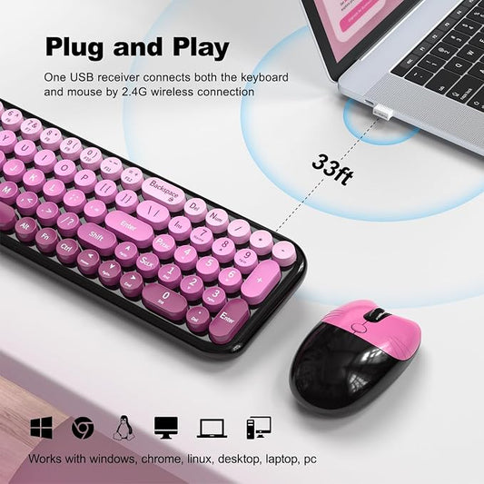 Wireless Keyboard and Mouse Combo, MOWUX Compact Typewriter Retro Round Computer Keyboard, Cute Optical Mouse Wireless, Plug and Play, for Laptop, PC, Computer- Black Pink Gradient
