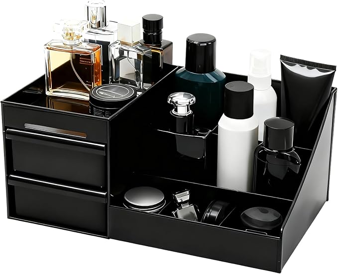 Black Cologne Organizer for Men,Large Perfume Stand Holder with Drawers,Cologne Stand,Shelves for Perfumes,Organizador de Perfumes,Dresser Organizer Countertop for Mens Bathroom & Bedroom Storage