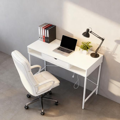 JJS 48' Writing Desk with Power Outlet, Home Office Contemporary Large Computer Desk Laptop Workstation with Drawer USB Ports Charging Station, White