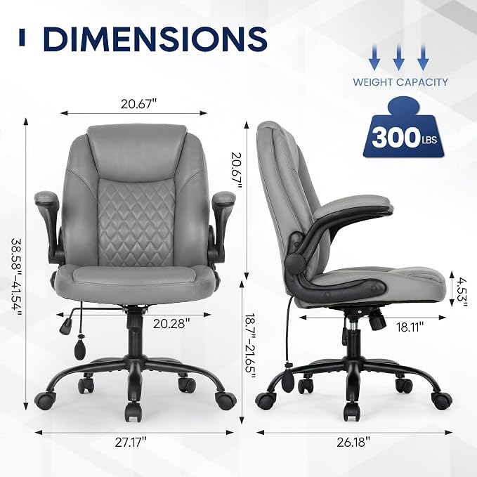 MALOL Leather Office Chair, Computer Desk Chair with Adjustable Lumbar Support, Thick Cushion, Flip-Up Arms and Ergonomic Back, Comfy Executive Office Chair for Home Office Gaming,Grey