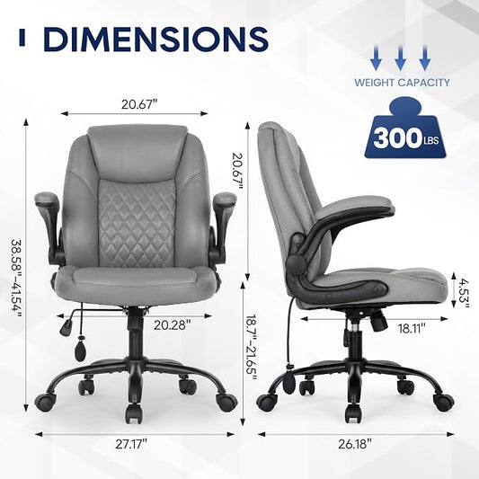 MALOL Leather Office Chair, Computer Desk Chair with Adjustable Lumbar Support, Thick Cushion, Flip-Up Arms and Ergonomic Back, Comfy Executive Office Chair for Home Office Gaming,Grey
