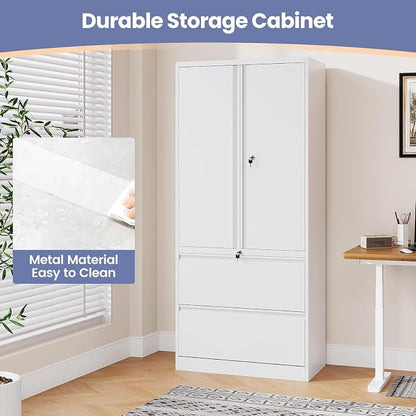 2 Drawer Lateral File Cabinet, Office Storage Cabinet with 2 Wide&Deep Drawers and Locking Doors, White Metal Cabinet with Adjustable Shelves for Home Office, Fits A4/Letter/Legal Size Folders