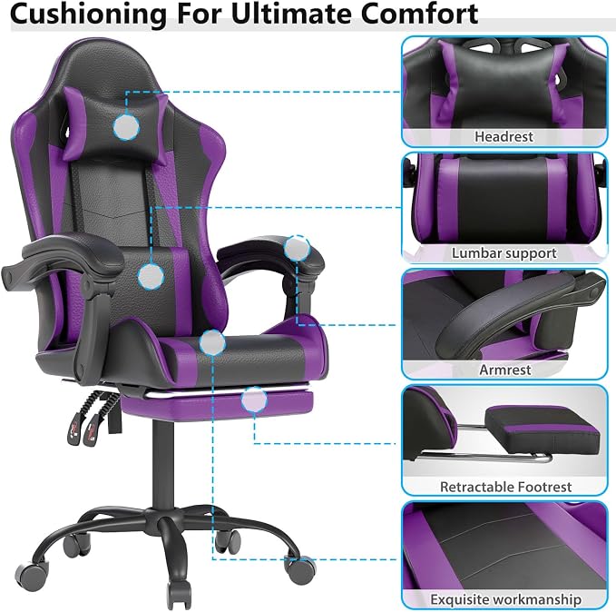 OS MOTOR Gaming Chair with Headrest and Lumbar Support, Ergonomic High Back Office Chair, Racing Style Executive Computer Desk Chair, Leather Adjustable Swivel Task Chair for Home Office (Purple)