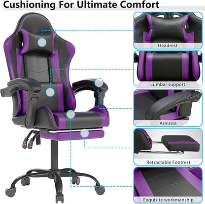 OS MOTOR Gaming Chair with Headrest and Lumbar Support, Ergonomic High Back Office Chair, Racing Style Executive Computer Desk Chair, Leather Adjustable Swivel Task Chair for Home Office (Purple)