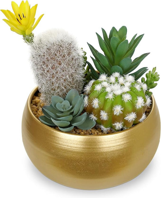 Oairse Artificial Cactus Plants Indoor, 7" Assorted Small Faux Succulent in Pots Fake Potted Desk Plant with Gold Bowl Mini Succulents Artificial Cactus Decor for Home Office Bathroom Table Shelf