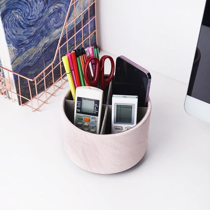 Round Leather Art Supply Organizer,Remote Control Holder,360 Degree Spinning,Multi-Functional Pencil Holder,4 Compartments Desktop Stationary Organizer(1-Hill Pink)