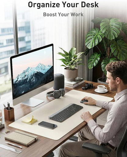 Aothia Faux Leather Desk Mat - Non-Slip PU Leather Desk Blotter, Waterproof Writing Surface, Large Desk Pad for Office & Home (Off-White, 55" x 17")