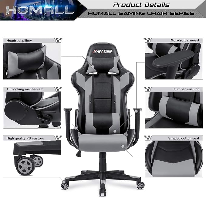 Homall Gaming Chair, Office Chair High Back Computer Chair Leather Desk Chair Racing Executive Ergonomic Adjustable Swivel Task Chair with Headrest and Lumbar Support (Grey)