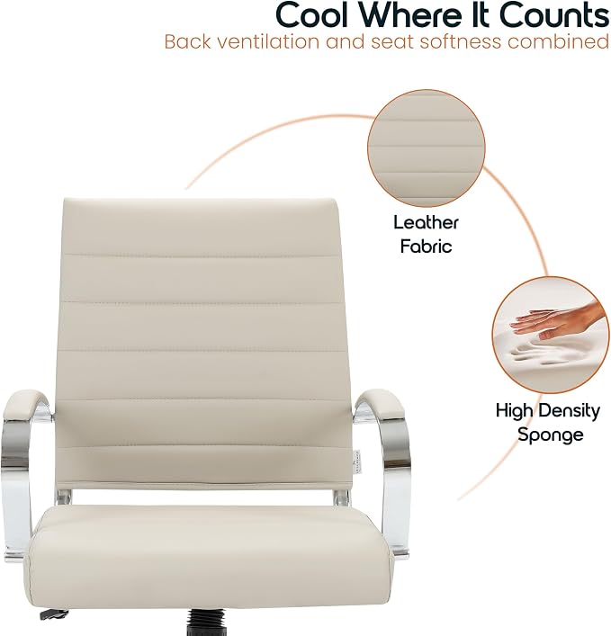 LeisureMod Benmar Leather Office Desk Chair, Mid-Back Ergonomic Swivel Chair with Lumbar Support, Adjustable Height, Tilt Lock, Cushioned Seat & Back, Home Office Task Chair (Tan, Set of 4)
