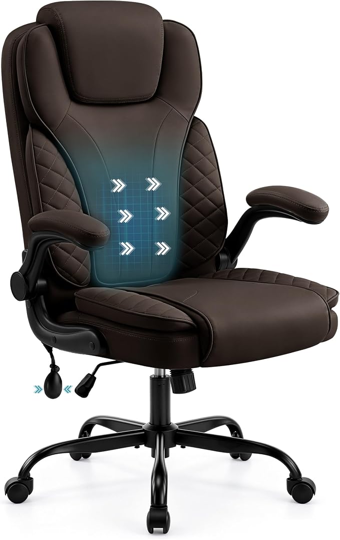 Ergonomic Office Chair, PU Leather High Back Executive Chair with Adjustable Inflatable Lumbar Support and Padded Flip-Up Arms, Recline Swivel Task Computer Chair for Home Office, Dark Brown