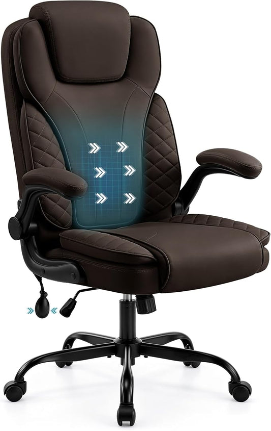 Ergonomic Office Chair, PU Leather High Back Executive Chair with Adjustable Inflatable Lumbar Support and Padded Flip-Up Arms, Recline Swivel Task Computer Chair for Home Office, Dark Brown