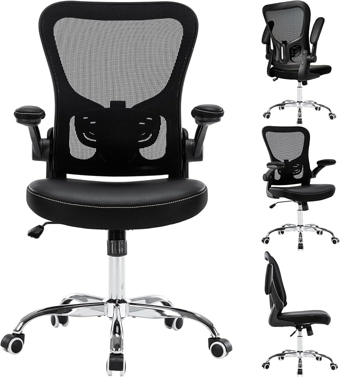 Ergonomic Office Chair Adjustable PU Leather Computer Chair with Lumbar Support,Flip-Up Arms, Breathable Mesh Back, Swivel Rolling Executive Desk Chair for Home Office, Black