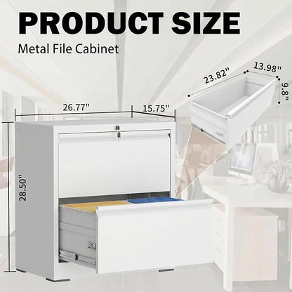 Lateral File Cabinet with Lock, 2 Drawer Filing Cabinet, Metal File Cabinets for Home Office, Steel Heavy-Duty Filing Storage Cabinet for Letters/Legal/A4 (Require Assembly, White)