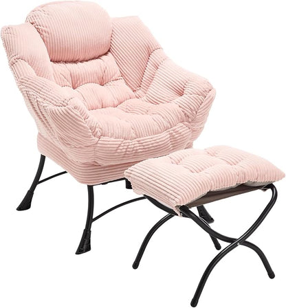 Modern Lazy Chair with Ergonomic Ottoman, Comfortable Lounge Chair with Footrest for Space Saving, Comfy Reading Armchair for Living Room, Bedroom, Office, Pink