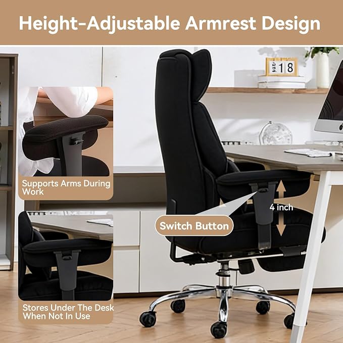 Efomao Executive Office Chair, Mesh Black Fabric Big and Tall Desk Chair | Breathable fabric, pocket spring & foam seat, retractable footrest, 135° recline for computer gaming setup