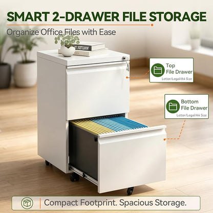 SAWJEC 2 Drawer Mobile File Cabinet with Lock, Fully Assembled Rolling Metal Filing Cabinet for Home Office, Vertical Locking File Cabinet with Wheels, Fits Letter/Legal/A4, White, 17"D x 15"W x 26"H