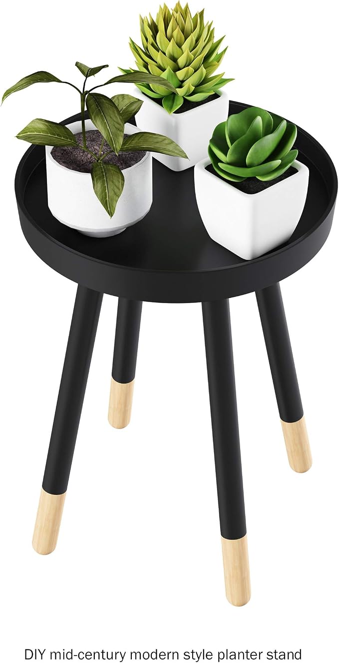 Lavish Home Round End Table – 2-Tone Wooden Mid-Century Modern Stand with Tray Top to Hold Drinks or Display Décor – Accent Table or Nightstand (Black)