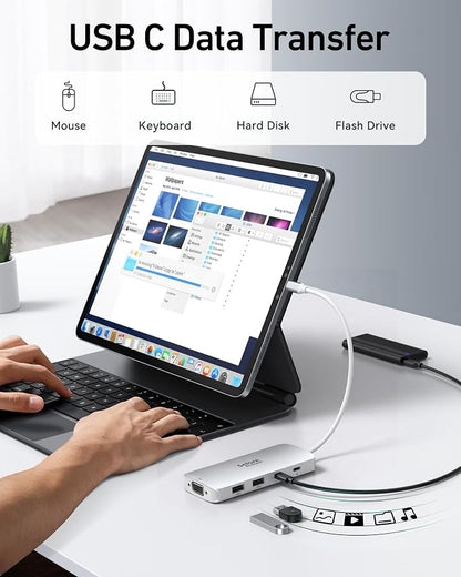 USB C Docking Station Dual HDMI Monitor Adapter, Selore USB C Hub 3 Monitors with Dual HDMI, Displayport, VGA, 100W PD Charging, 3USB 2.0 Ports Adapter for Dell XPS,HP, Lenovo,etc(Silver)