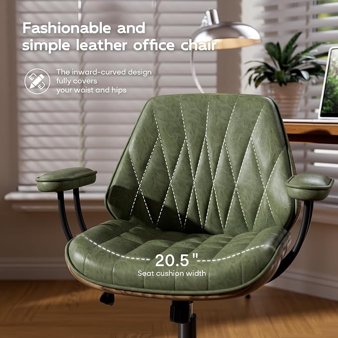 Office Desk Chair with Rubber Casters and Padded Arms, Premium Olive Green Faux Leather Computer Chair, Height Adjustable Vintage Rolling Swivel Executive Task Chair for Home Office