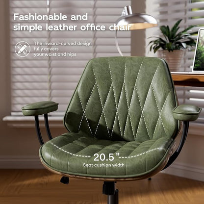 Office Desk Chair with Rubber Casters and Padded Arms, Premium Olive Green Faux Leather Computer Chair, Height Adjustable Vintage Rolling Swivel Executive Task Chair for Home Office