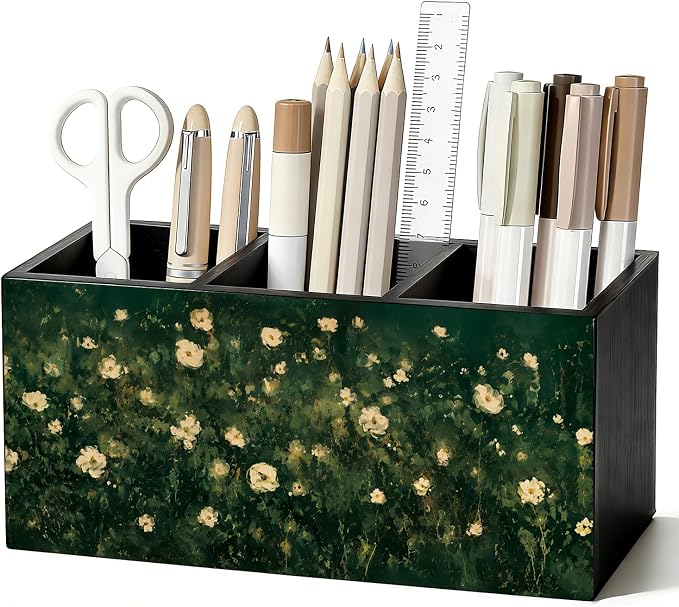 Moody Floral Pen Pencil Holder for Office Desk Accessories Decor | Cottagecore Office Accessories for Women, Moody Floral Pen Pencil Wooden Organizer Decorations for Dorm Room Bedroom Tabletop