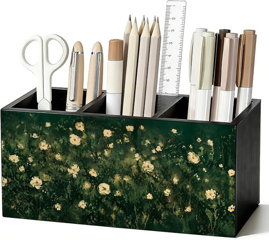 Moody Floral Pen Pencil Holder for Office Desk Accessories Decor | Cottagecore Office Accessories for Women, Moody Floral Pen Pencil Wooden Organizer Decorations for Dorm Room Bedroom Tabletop