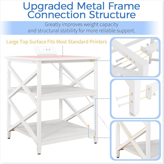METYERRY Large Printer Stand with Power Outlet, with Height Adjustable Storage Shelf, 3 Tier Rolling Printer Cart with Industrial Wheels, 23.6 x 23.6 Inches Printer Table for Home Office, White