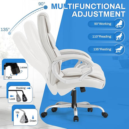 Furmax Leather High Back Office Chair Ergonomic Executive Office Chair Swivel Computer Desk Chair Lumbar Support Soft Cushioned Padded Arms (White)