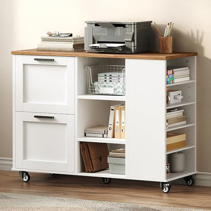 Lateral File Cabinet, 2 Drawers Mobile Filing Cabinet for Home Office, Printer Stand with Adjustable Open Shelves, with Locking Casters, fit Legal/Letter/A4 Files, Walnut and White
