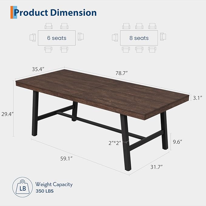 GarveeHome Industrial Dining Table for 6-8 People, 78.7" Long Kitchen Table with Sturdy Metal Frame, Rectangular Counter for Dinner, Kitchen, Dining Room (Rustic Birch, 79" Non-extendable)