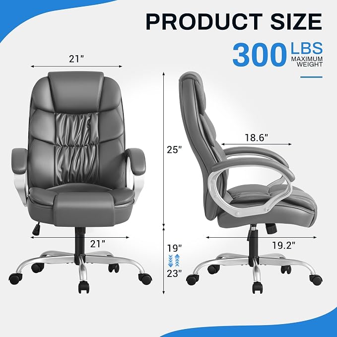 Furmax Leather High Back Office Chair Ergonomic Executive Office Chair Swivel Computer Desk Chair Lumbar Support Soft Cushioned Padded Arms (Grey)