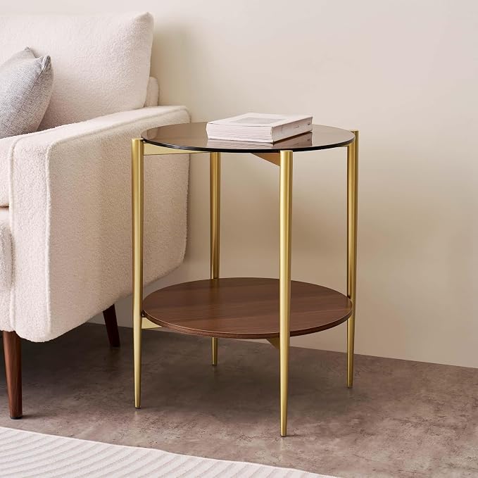 LumFurn Round Glass End Table, Mid-Century Modern Design Sofa Table for Living Room, D18 x H23, 2-Tier Structure, Amber Glass Top and Walnut Shelf, Sleek Conical Legs with Gold Finish Frame