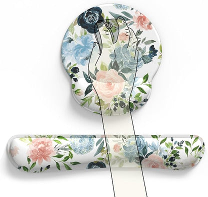 Green Blue Pink Floral Mouse Pad Wrist Support Keyboard Wrist Rest Set, Ergonomic Mouse Pad with Non-Slip Pu Base for Computer Office Comfortable Mouse Wrist Rest Easy Typing & Pain Relief Mouse Pad.
