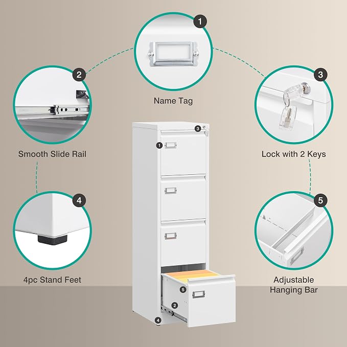 SISESOL 4 Drawer File Cabinet with Lock and Tag,White Vertical File Cabinet,Narrow Locking Filing Cabinets with Drawers,Metal Filing Storage for Home Office Fit A4 Legal/Letter Size