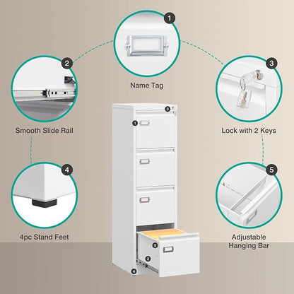 SISESOL 4 Drawer File Cabinet with Lock and Tag,White Vertical File Cabinet,Narrow Locking Filing Cabinets with Drawers,Metal Filing Storage for Home Office Fit A4 Legal/Letter Size