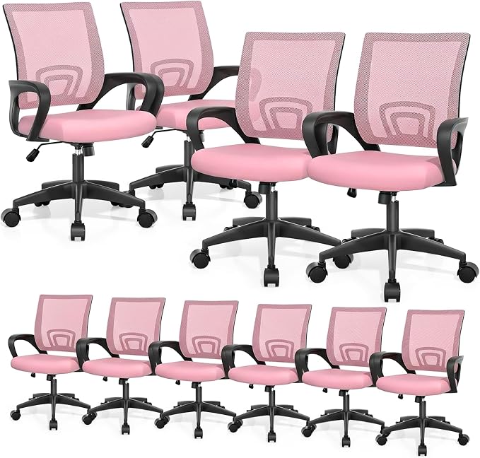 Magshion Ergonomic Office Chair 10 Pack, Mid-Back Mesh Desk Chair, Adjustable Swivel Computer Chair with Lumbar Support & Breathable Backrest for Gaming, Work, Study, 300 Lbs Capacity, Pink