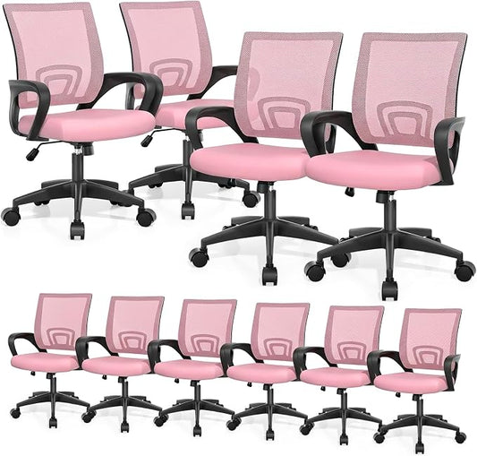 Magshion Ergonomic Office Chair 10 Pack, Mid-Back Mesh Desk Chair, Adjustable Swivel Computer Chair with Lumbar Support & Breathable Backrest for Gaming, Work, Study, 300 Lbs Capacity, Pink