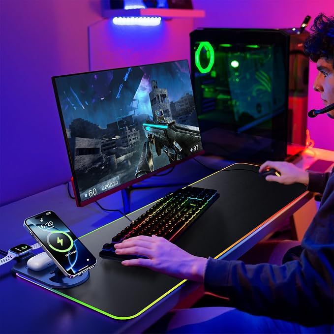 HAUTOCO Wireless Charging Mouse Pad 15W RGB Gaming Mousepad Waterproof Desk Mat with Phone Holder 35.4''x11.8'' Extra Large Desk Pad Non-Slip Base Computer Keyboard Mat for PC Laptop, Black