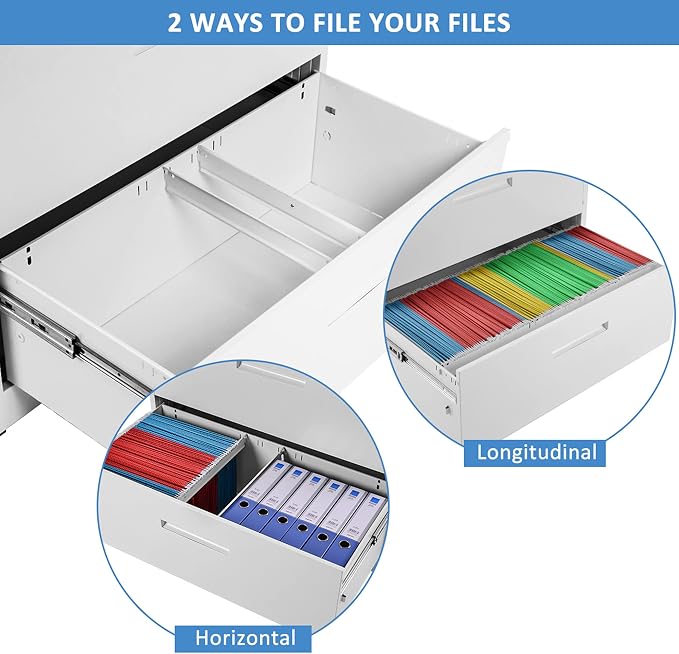 Lateral File Cabinet, 3 Drawers Metal Lockable Filing Cabinet for Commercial Grade Office Legal and Letter File (White)