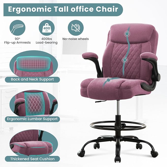 MAHOMICO Drafting Chair for Standing Desk – Tall Office Chair with Adjustable Height & Foot Ring, Flip-Up Arms, Lumbar Support – Comfortable Fabric Seat, Ideal Home Desk Chair