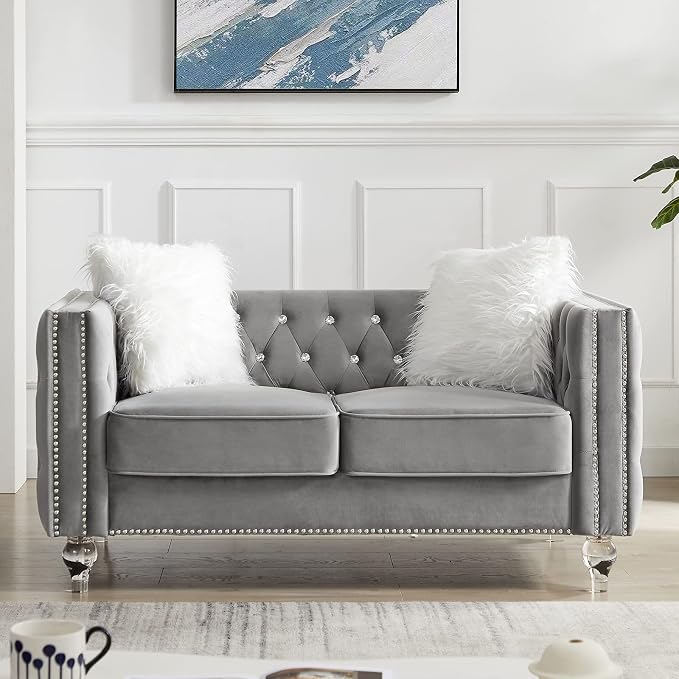 mikibama Velvet Loveseat with Buttons and Square Arms 59 Inch Tufted Sofa with Trimmed Nailhead and Metal Legs Loveseat Couch for Living Room, Bedroom (Grey-Crystal Legs, Loveseat)
