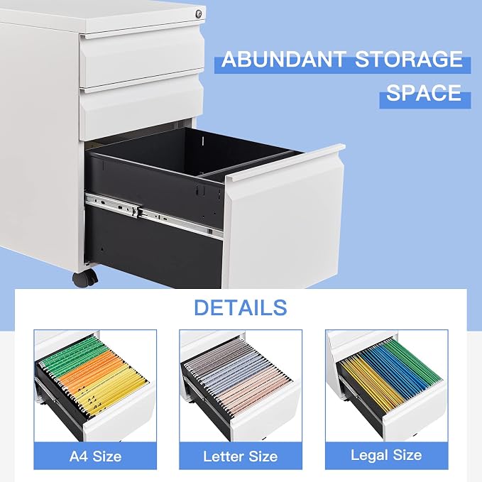 Yizosh 3 Drawer Mobile File Cabinet with Lock, White Under Desk Rolling Filing Cabinet, Metal Locking File Cabinet on Wheels for Legal/Letter/A4 File (Full Assemble)