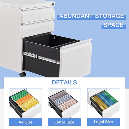 Yizosh 3 Drawer Mobile File Cabinet with Lock, White Under Desk Rolling Filing Cabinet, Metal Locking File Cabinet on Wheels for Legal/Letter/A4 File (Full Assemble)