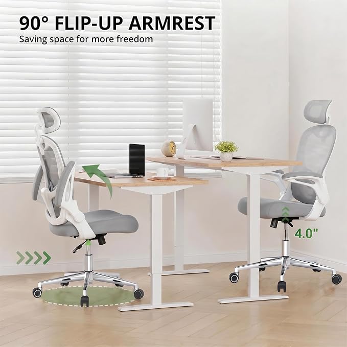 Office Chair, Ergonomic Breathable Mesh Chair,Flip-Up Arms and Adjustable High Back Lumbar Support,Comfy Computer Chair for Home Office (Grey, 407)