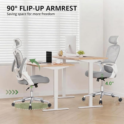 Office Chair, Ergonomic Breathable Mesh Chair,Flip-Up Arms and Adjustable High Back Lumbar Support,Comfy Computer Chair for Home Office (Grey, 407)