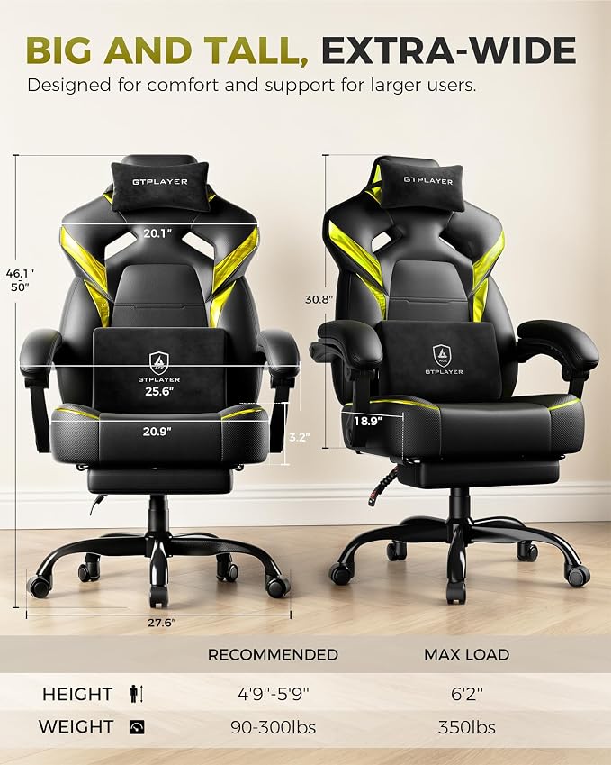 GTPLAYER Big and Tall Gaming Chair with Footrest, High Back Ergonomic Office Chair for Adults, Heavy Duty 350 lbs Capacity, Premium Leather & Iridescent Trim, ACE-Armor, Yellow