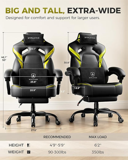 GTPLAYER Big and Tall Gaming Chair with Footrest, High Back Ergonomic Office Chair for Adults, Heavy Duty 350 lbs Capacity, Premium Leather & Iridescent Trim, ACE-Armor, Yellow