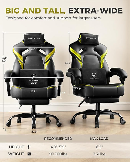 GTPLAYER Big and Tall Gaming Chair with Footrest, High Back Ergonomic Office Chair for Adults, Heavy Duty 350 lbs Capacity, Premium Leather & Iridescent Trim, ACE-Armor, Yellow