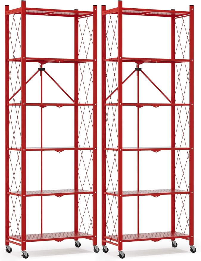 ALANNG 73.6 Inch Folding Bookshelf, 6 Tier Metal Bookcase and Bookshelves, Tall Shelves for Living Room Office Bedroom, Heavy Duty Book Shelve Free Standing Open (Red, 2PACK)