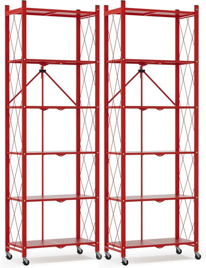 ALANNG 73.6 Inch Folding Bookshelf, 6 Tier Metal Bookcase and Bookshelves, Tall Shelves for Living Room Office Bedroom, Heavy Duty Book Shelve Free Standing Open (Red, 2PACK)